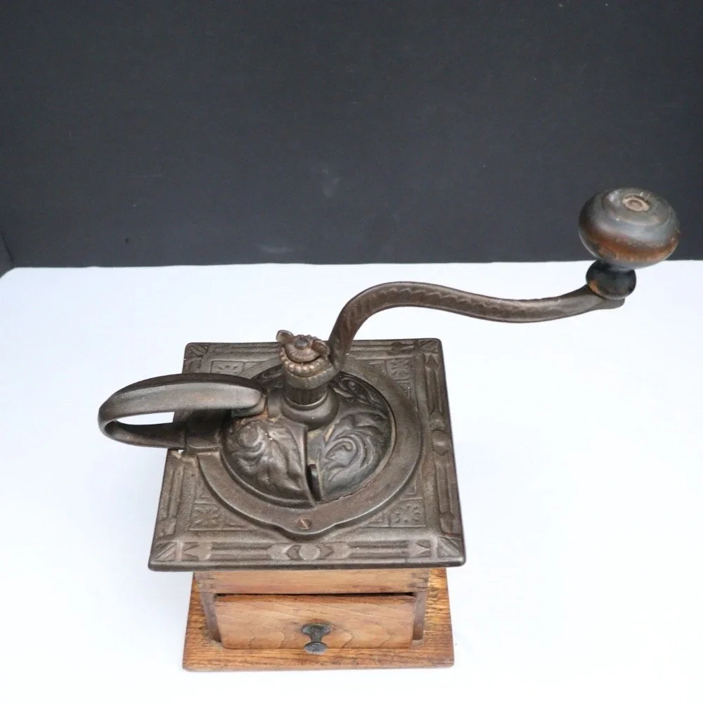 Antique Primitive Coffee Grinder Mill Handled Dovetail Cast Iron & Wood Rustic